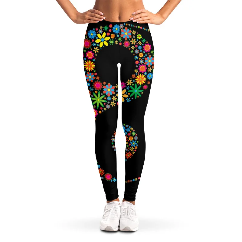 Colorful Flowers Yin Yang Print Women's Leggings Stylish Side-Stripe Leggings