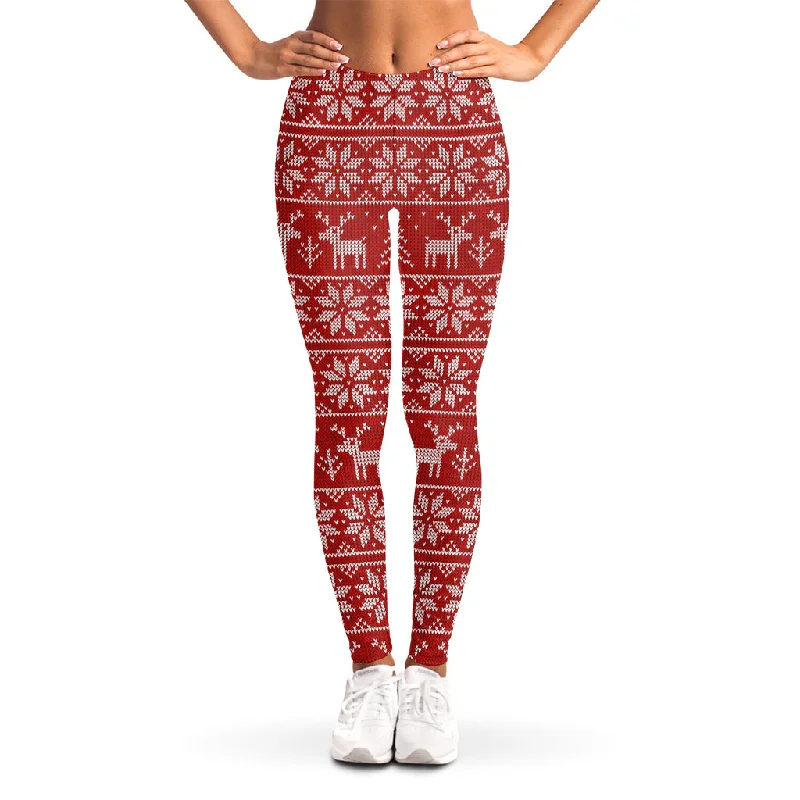 Christmas Deer Knitted Pattern Print Women's Leggings Comfortable Slip-On Compression Leggings