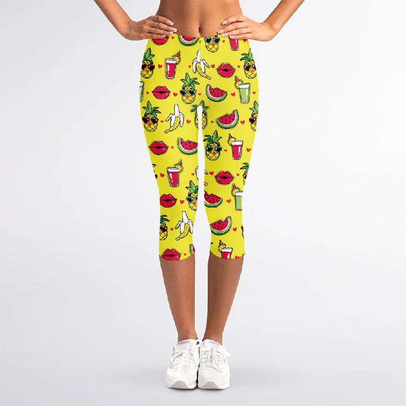 Cartoon Tropical Pattern Print Women's Capri Leggings Elegant Satin Finish Leggings