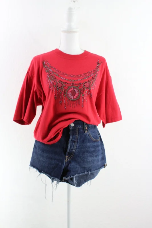 Vintage Red Necklace T-Shirt (M) Polka Dot Checkered Tartan