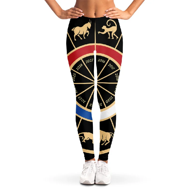 Chinese Zodiac Calendar Wheel Print Women's Leggings Trendy Activewear Leggings