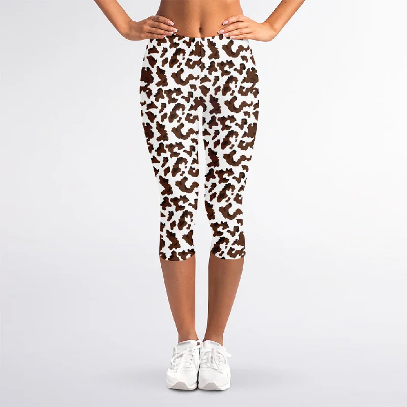 Brown And White Cow Pattern Print Women's Capri Leggings Comfortable Plus Size Leggings