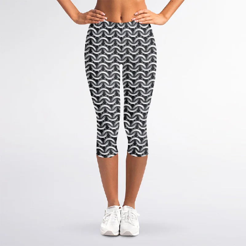 Chainmail Print Women's Capri Leggings Trendy Colorblock Print Leggings