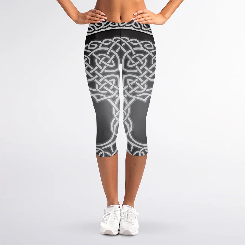 Celtic Knot Tree Of Life Print Women's Capri Leggings Chic Workout Leggings