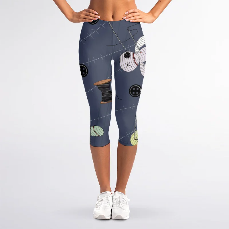 Cartoon Voodoo Doll Print Women's Capri Leggings Chic Floral Print Leggings
