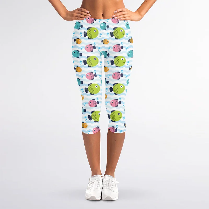 Cartoon Fish Pattern Print Women's Capri Leggings Elegant Embellished Leggings