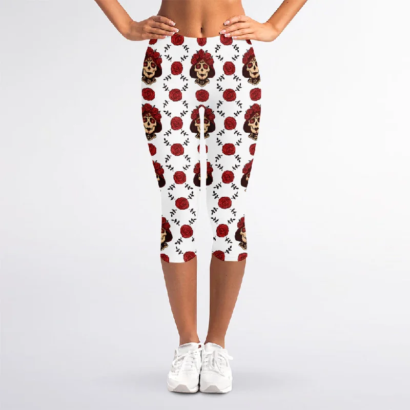 Calavera Girl Skull Pattern Print Women's Capri Leggings Comfortable Slip-On Leggings