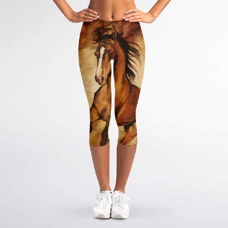 Brown Horse Painting Print Women's Capri Leggings Fashionable Minimal Active Leggings