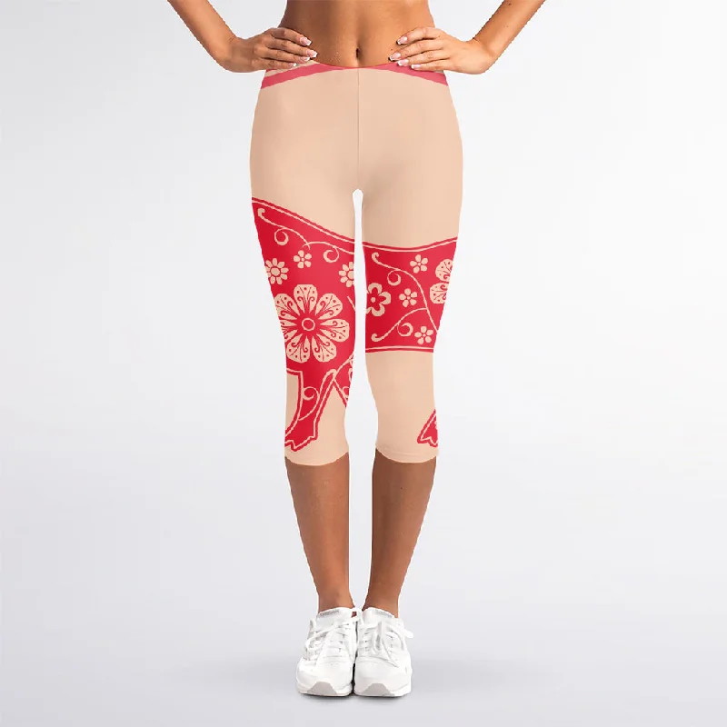 Chinese Flower Ox Zodiac Print Women's Capri Leggings Fashionable Embroidered Detail Leggings