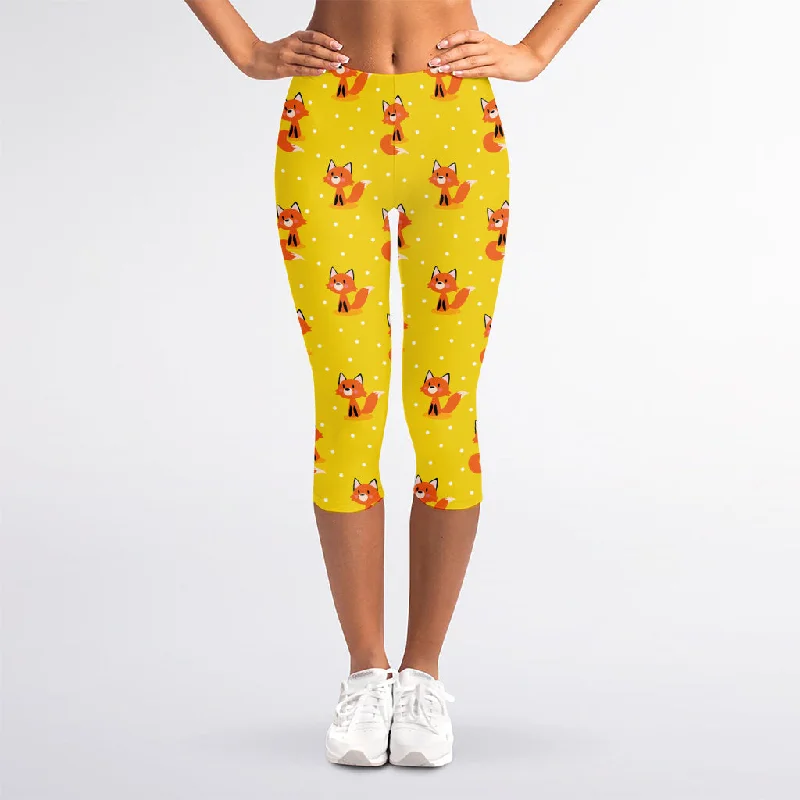 Cartoon Fox Pattern Print Women's Capri Leggings Trendy Spandex Leggings