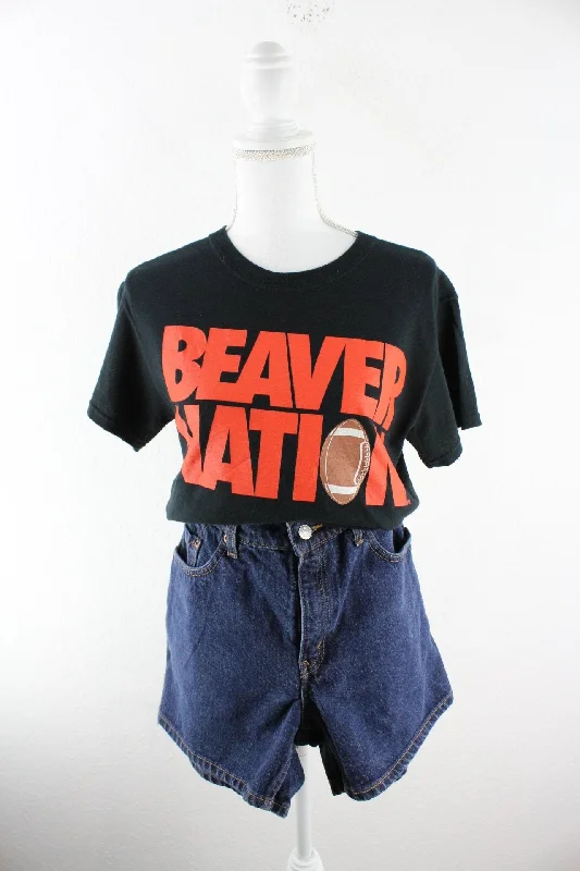 Vintage Beaver Nation T-Shirt (S) V-Neck T-Shirt Long Sleeve Cotton