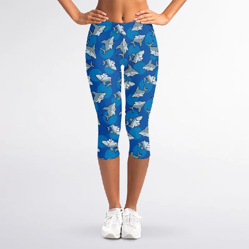 Cartoon Shark Pattern Print Women's Capri Leggings Stylish Camo Print Leggings