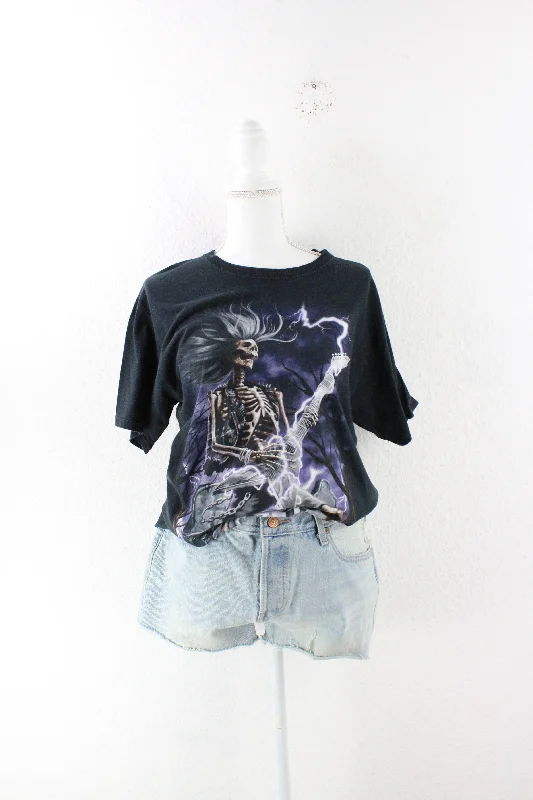 Vintage Skeleton Guitar T-Shirt (M) Iron Safe Non-Iron Wrinkle Free