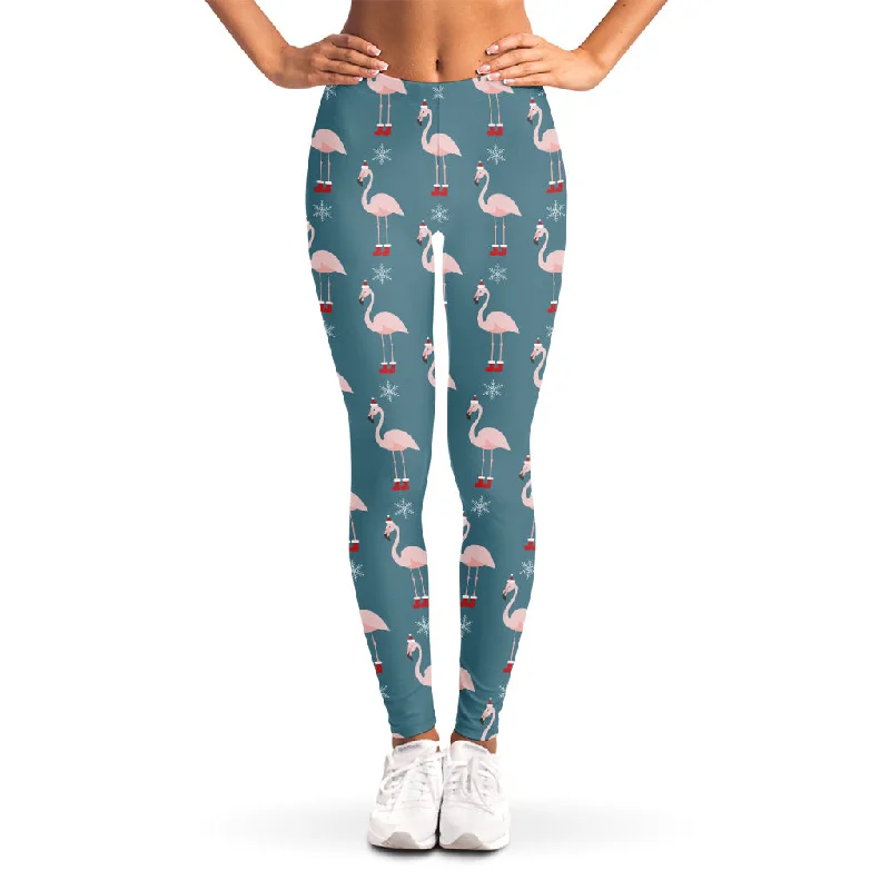 Christmas Snowy Flamingo Pattern Print Women's Leggings Fashionable Leather-Look Leggings