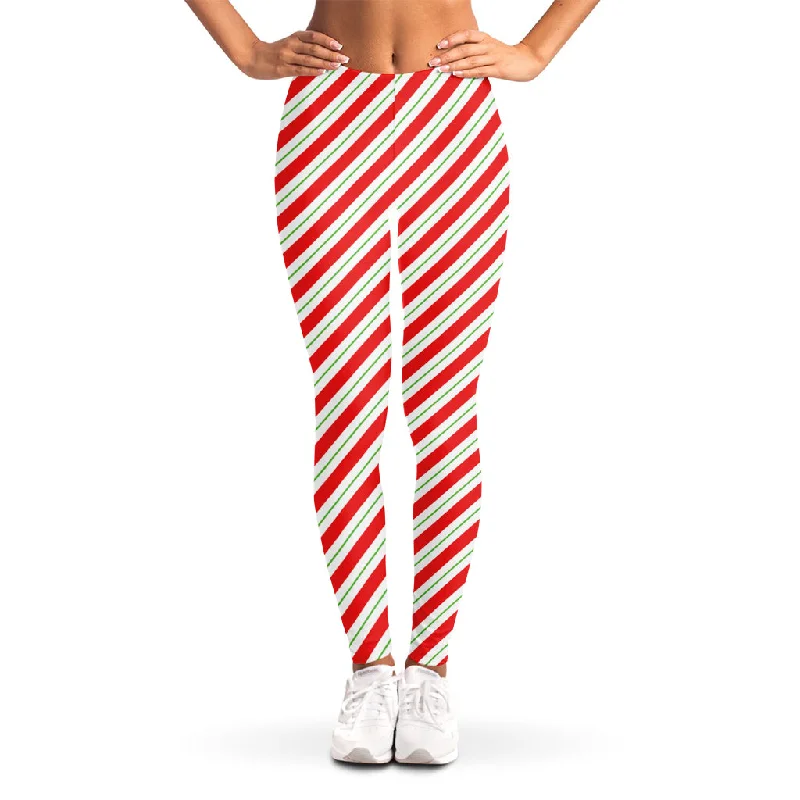 Christmas Candy Cane Stripe Print Women's Leggings Cozy Mid-Rise Workout Leggings