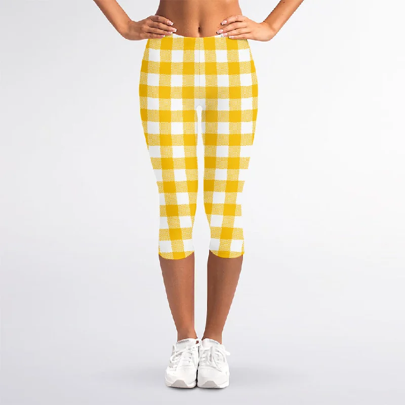 Canary Yellow And White Gingham Print Women's Capri Leggings Comfortable Lounge Leggings