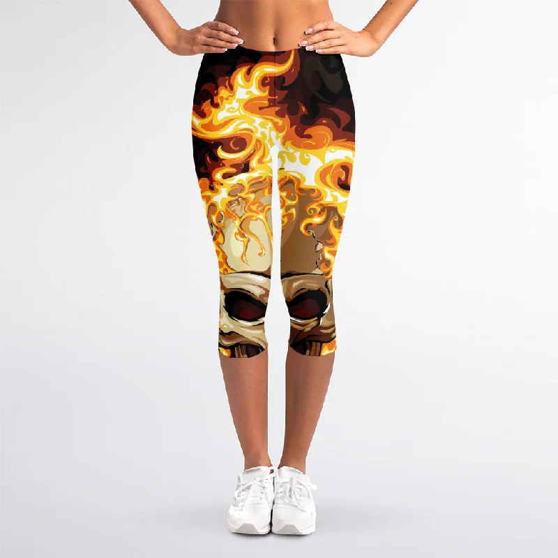 Burning Skull Print Women's Capri Leggings Cozy Lounge Pants Leggings
