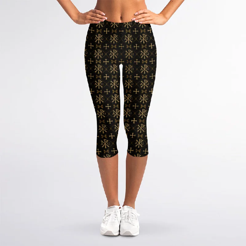 Chi Rho Orthodox Pattern Print Women's Capri Leggings Comfortable Sports Performance Tights
