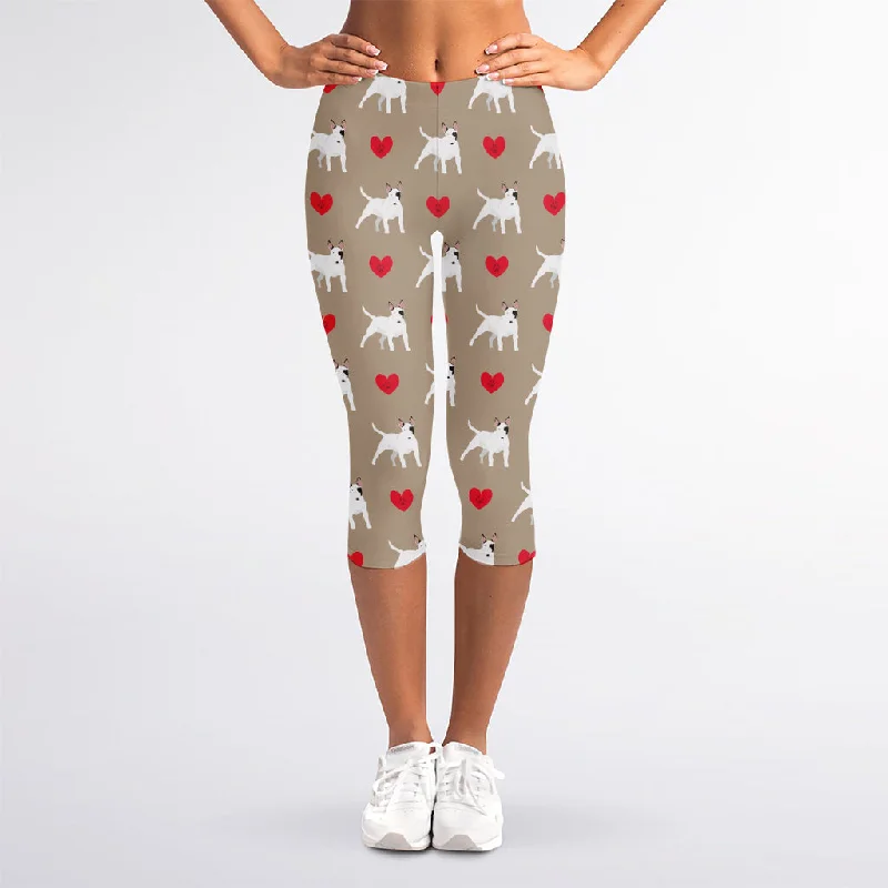 Bull Terrier Heart Pattern Print Women's Capri Leggings Fashionable Ribbed Knit Leggings