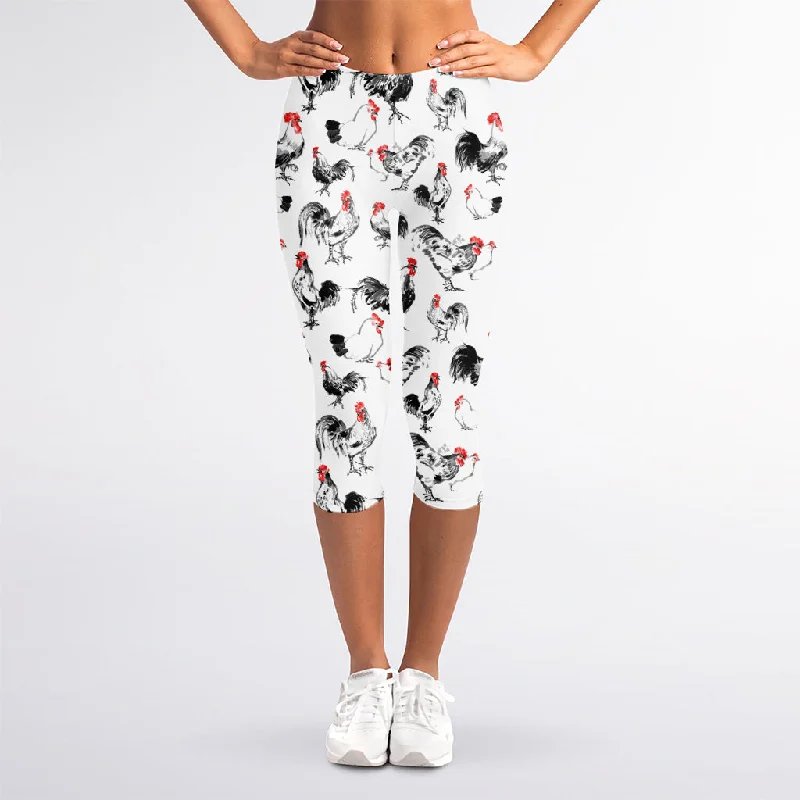 Chicken Ink Painting Pattern Print Women's Capri Leggings Stylish Colorful Activewear Leggings