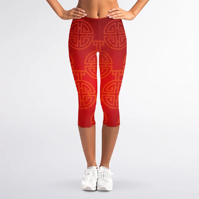 Chinese Lu Symbol Pattern Print Women's Capri Leggings Trendy Sporty Compression Leggings