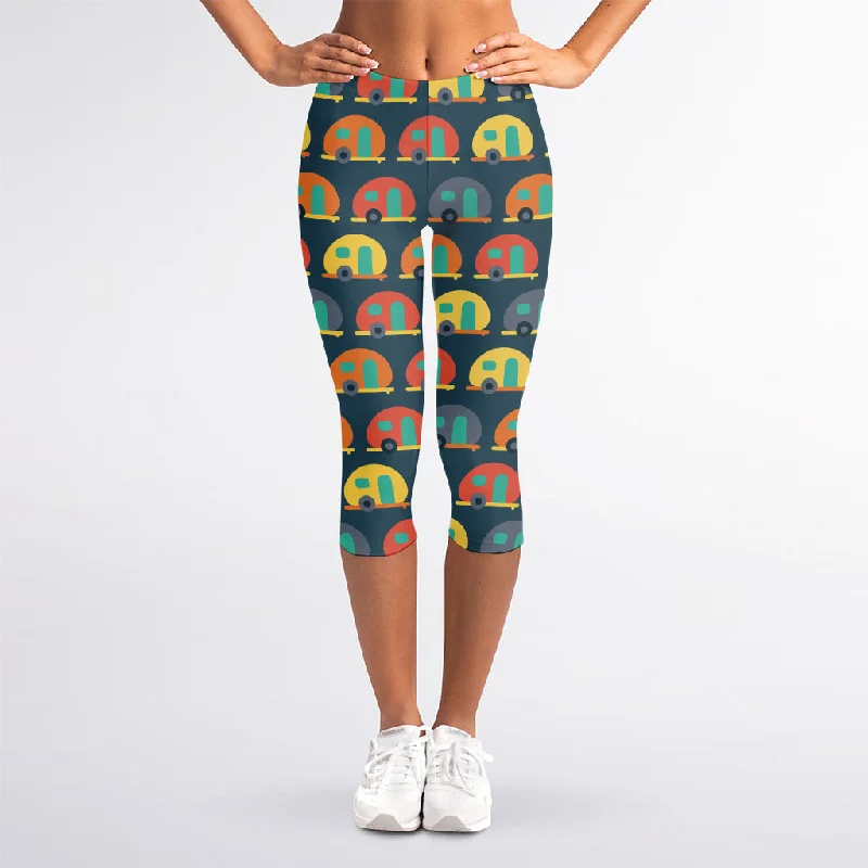 Camping Van Pattern Print Women's Capri Leggings Stylish Faux Leather Leggings