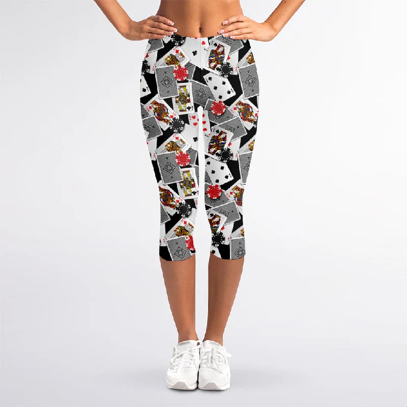 Casino Card And Chip Pattern Print Women's Capri Leggings Cozy Ribbed Leggings