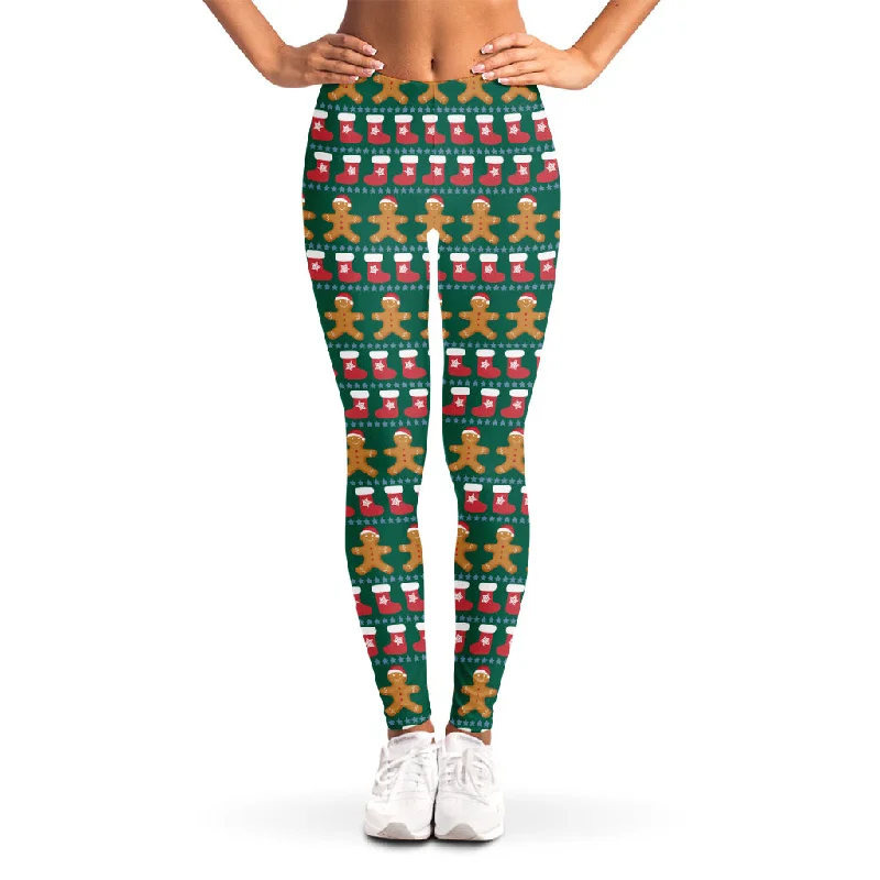 Christmas Gingerbread Man Pattern Print Women's Leggings Fashionable Embroidered Detail Leggings