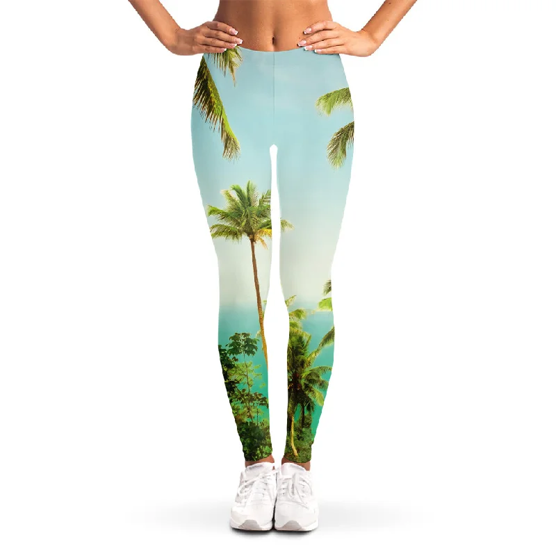 Coconut Tree Print Women's Leggings Fashionable Solid Color Tights