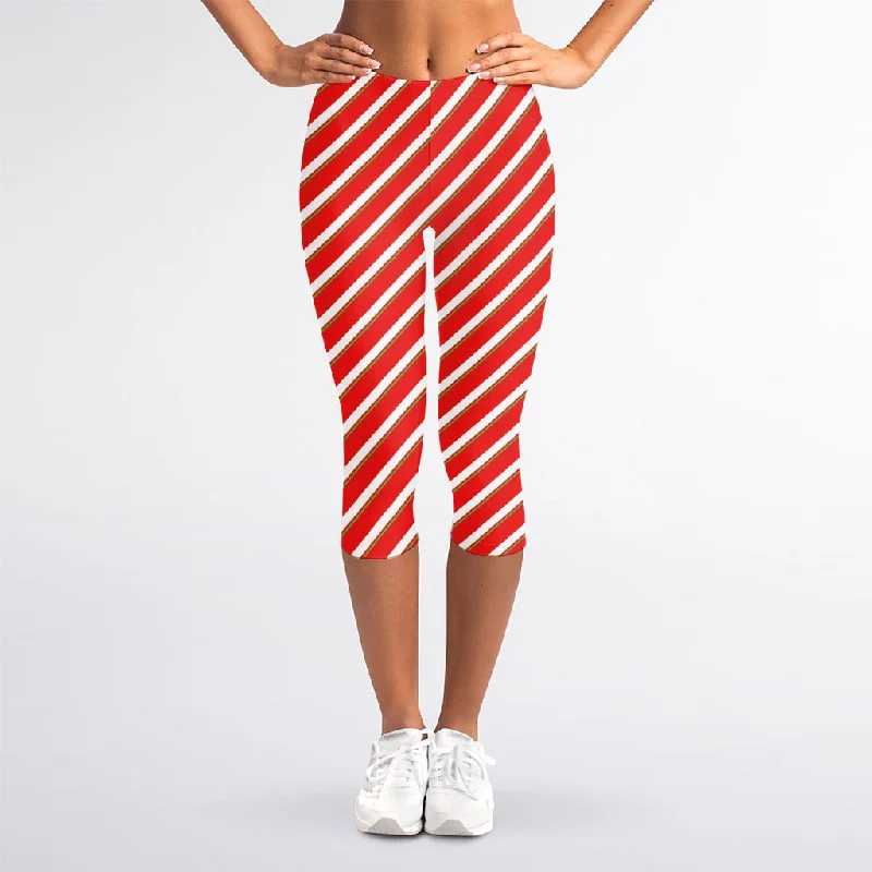Candy Cane Stripe Pattern Print Women's Capri Leggings Stylish Ankle-Length Leggings