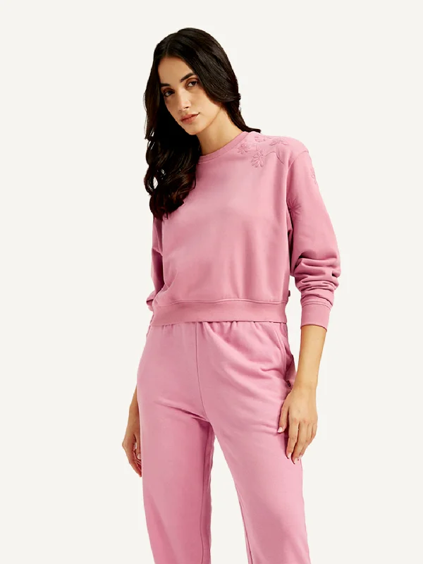 Women's Embroidered Pink Crew Neck Sweatshirt Hoodie with Front Slit Layering Stylish