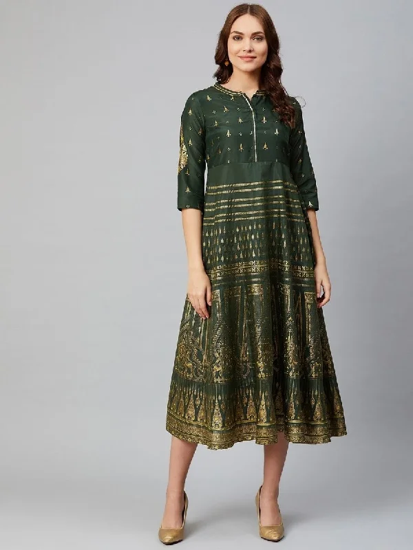 AURELIA Women Green & Golden Printed A-Line Dress