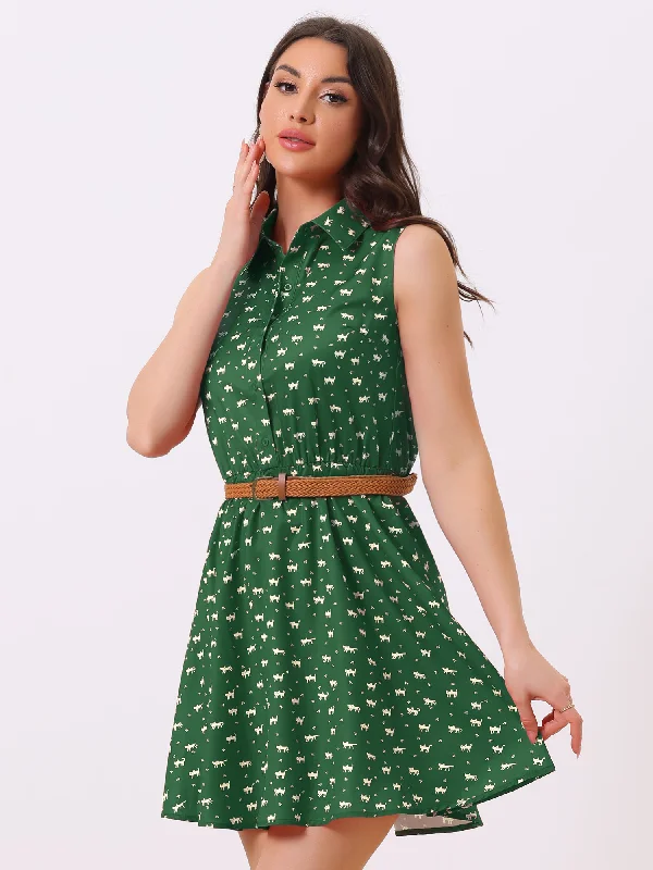 Sleeveless Printed Half Placket Above Knee Belted Dress Tunics Prom sequined