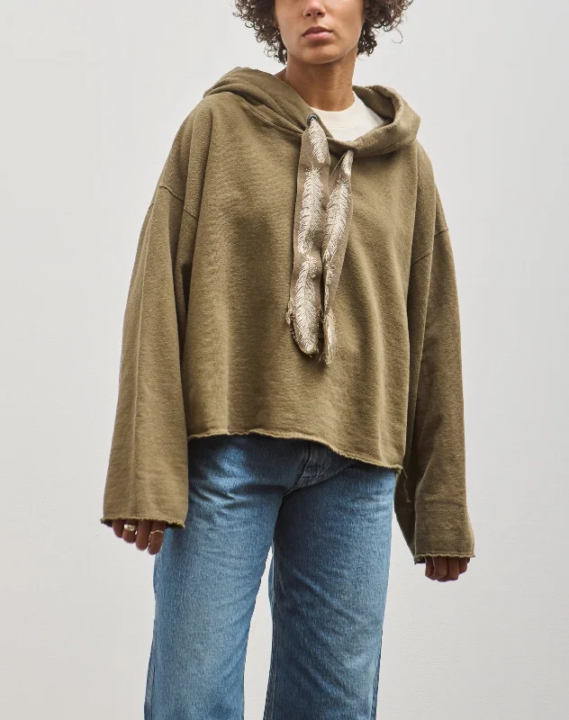 Kapital Sweat Knit Namazu Hoodie, Khaki Feather Cord Hoodie with Hem Applique Textured Unique