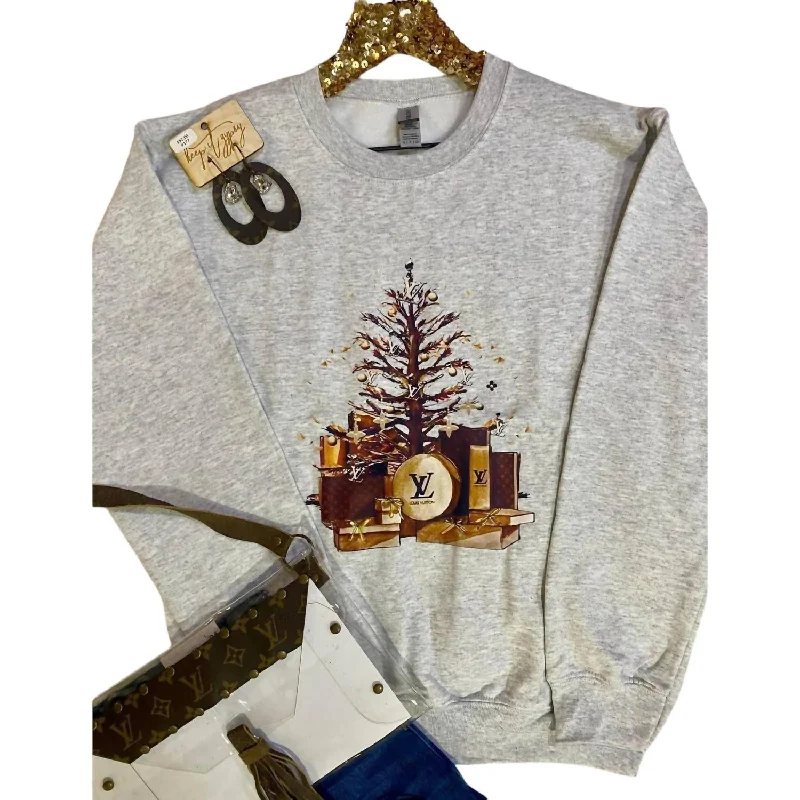 Women's Luxury Christmas Tree Sweatshirt In Gray Hoodie with Front Slit Layering Stylish Women's Luxury Christmas Tree Sweatshirt In Gray Hoodie with Front Slit Layering Stylish