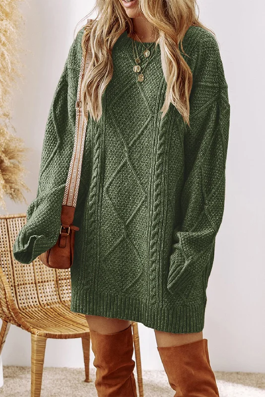 Fall Sweater Dress - Green Lace Blend Ribbed Blend Corduroy Blend