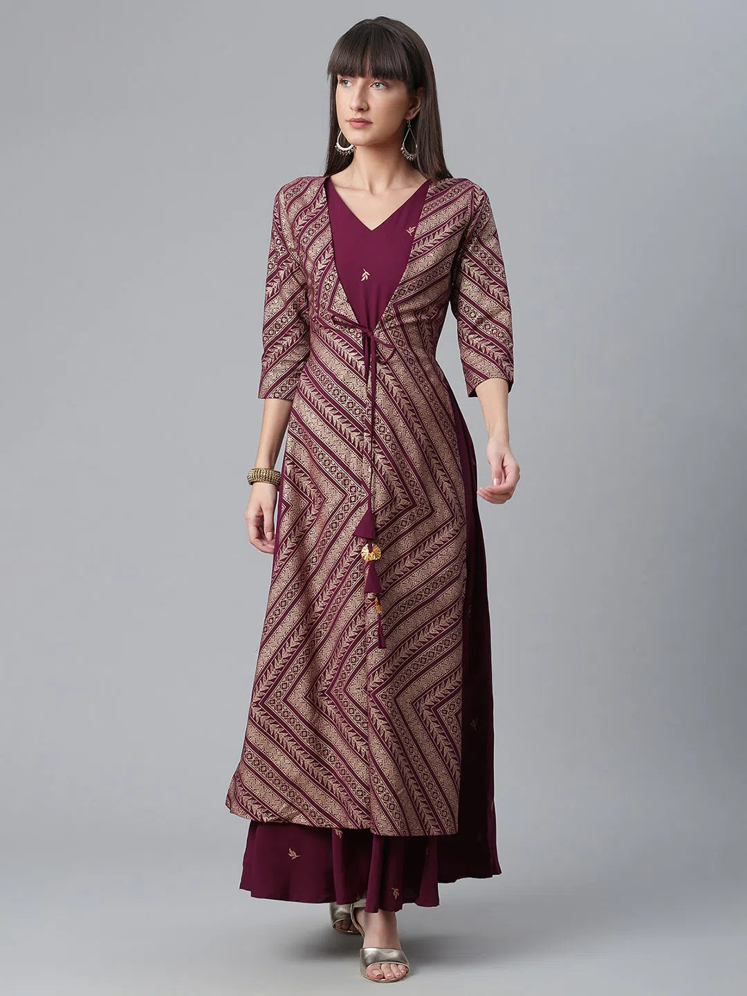 Ahalyaa Crepe Wine Glitter Print Kurta With Jacket Tiered Jacket Buttoned Jacket Zippered Jacket