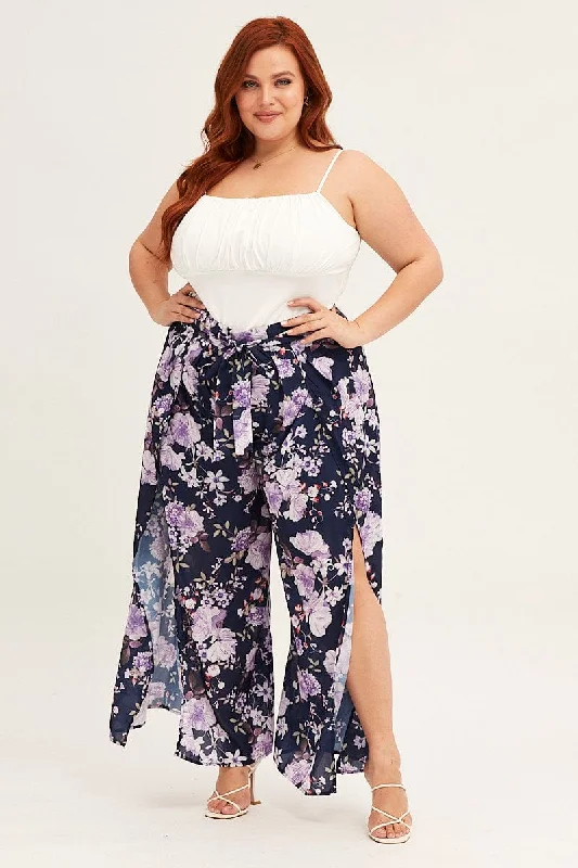 Floral Print High Rise Floral Wide Leg Pants Relaxed Fit Trousers