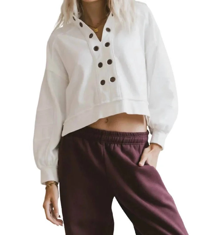 Eyelet Sweatshirt In White Hoodie with Button Classic Timeless