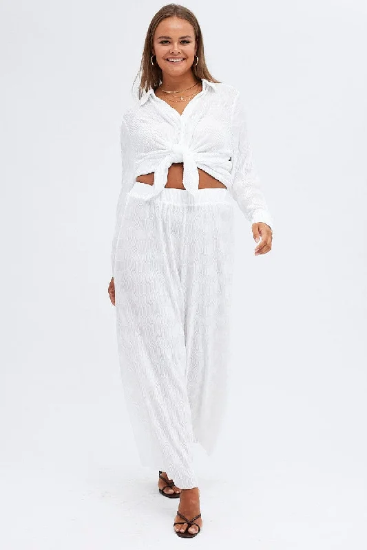 White Plisse Pants Wide Leg High Rise Stylish Paperbag Waist Pants
