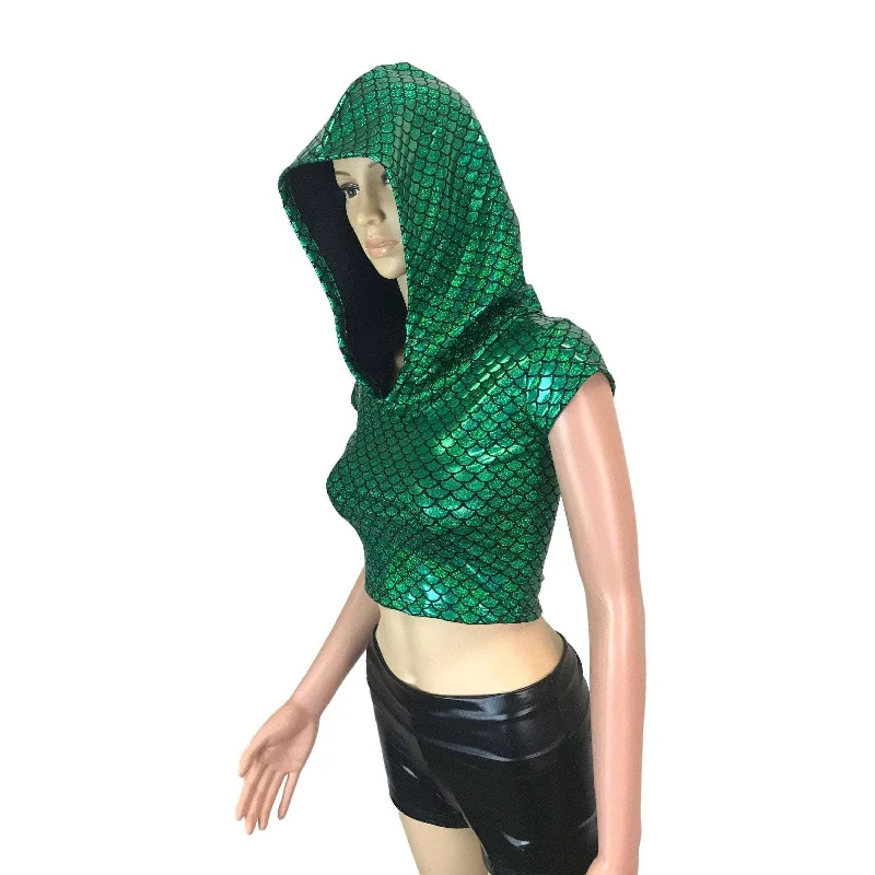 SALE - XS - Cap Sleeve Cropped Hoodie - Green Mermaid Scale Zip Hoodie Drawstring Kangaroo Pocket SALE - XS - Cap Sleeve Cropped Hoodie - Green Mermaid Scale Zip Hoodie Drawstring Kangaroo Pocket