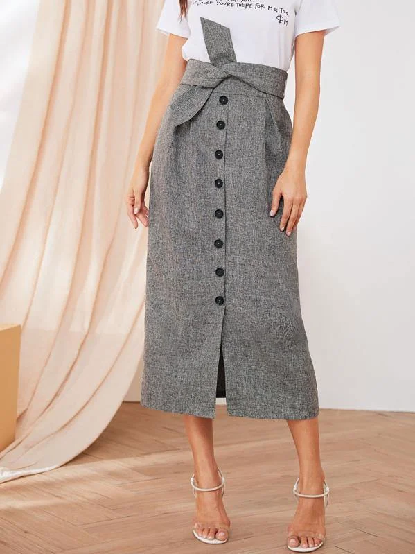 Button Front Tie Waist Straight Skirt denim skirt trendy