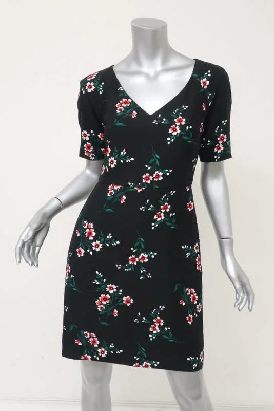 Draper James Dress Black Floral Print Crepe Size 2 Short Sleeve V-Neck Mini