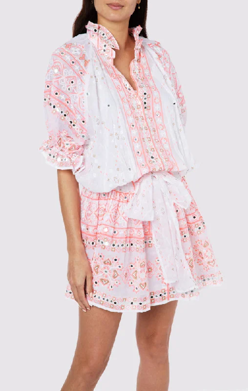 Mosaic Print Blouson Dress with Mirror Embro - Slip White Coral Gold