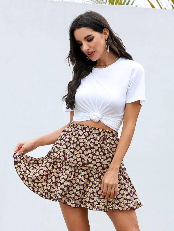 Allover Floral Ruffle Hem Mini Skirt midi skirt versatile