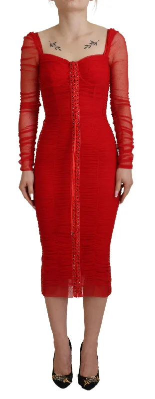 Dolce & Gabbana  Red Ruched Mesh Dress