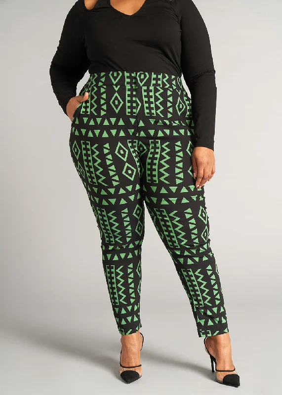 Talia Women's African Print Stretch Pants (Moss Black Geometric) - Clearance Stylish Elastic Waist Pants Talia Women's African Print Stretch Pants (Moss Black Geometric) - Clearance Stylish Elastic Waist Pants