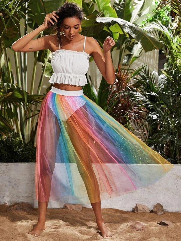 Sheer Rainbow Mesh Skirt Without Panty lace skirt feminine