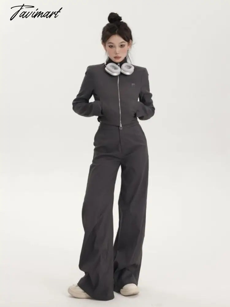 Tavimart Cropped Slim Jacket+Wide Leg Long Trousers Pants Women Casual Two Pieces Sets Korean Autumn Y2k 2 Piece Outfit Conjunto Femenino Rayon Fabric Velvet Fabric Corduroy Fabric