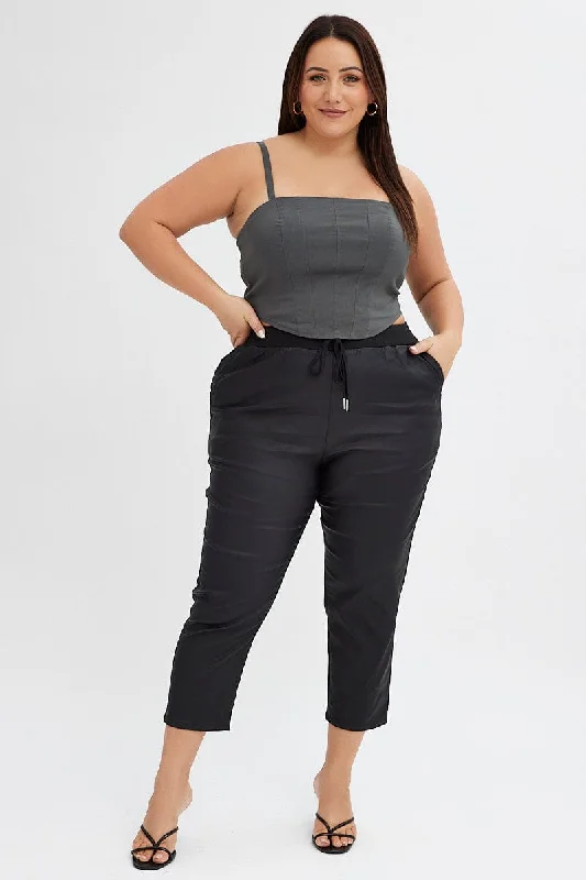 Black Jogger Pant Elastic Waist Wet Look Fashionable Track Pants